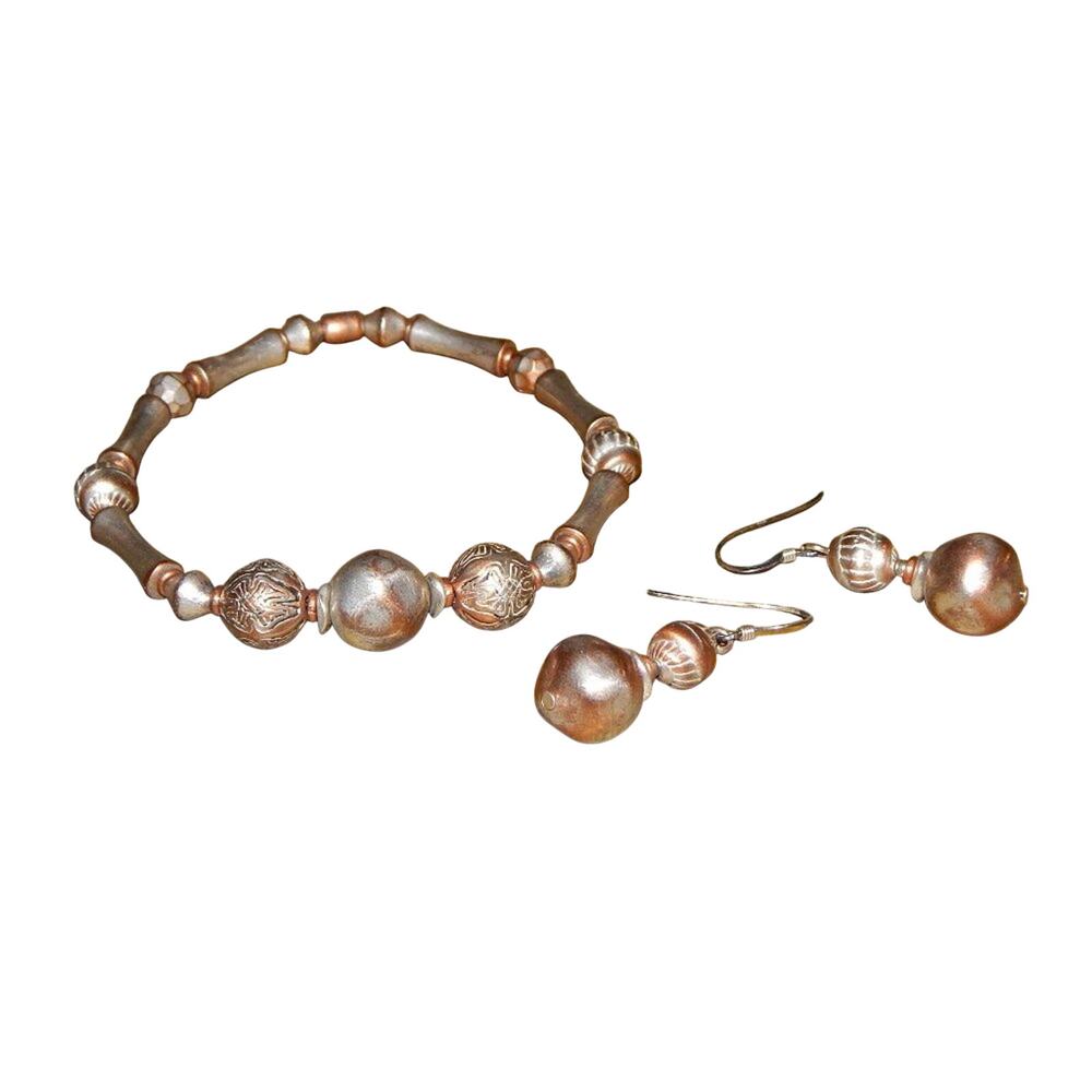 Vintage Festival Ready Pewter & Copper Bead Bracelet & Earrings